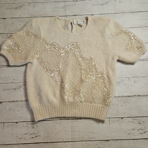 1980s Ann Katrine Short Sleeve‎ Cream Sweater Size Small Angora Lambswool